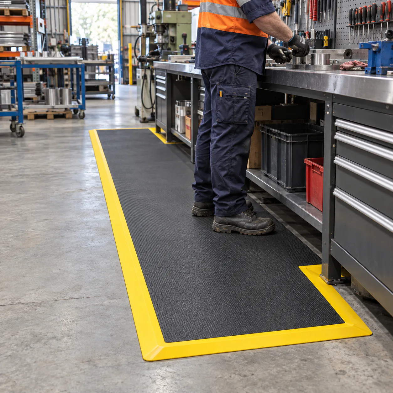 Worker standing on safety-edged anti-fatigue matting at an industrial workstation